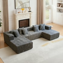 Kelyda 132 Inch Modular Sectional Sleeper Sofa, Modern U Shaped Fuax Fur Boneless Cloud Couch for Living Room Grey