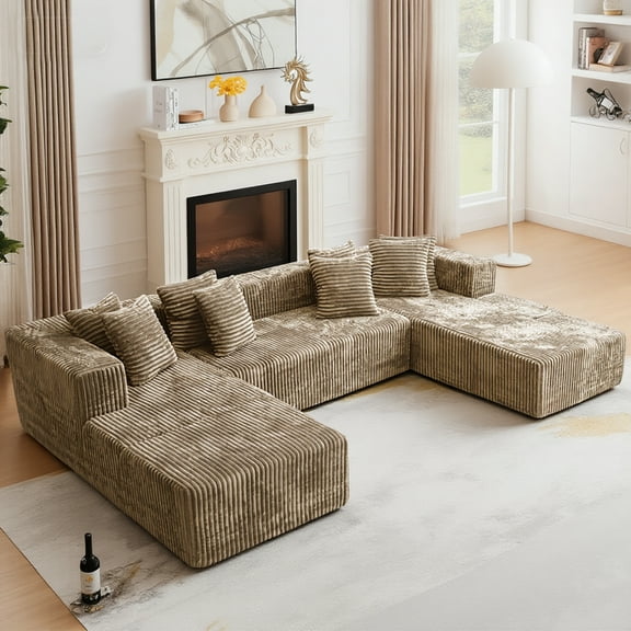 Kelyda 132 Inch Modular Sectional Sleeper Sofa, Modern U Shaped Fuax Fur Boneless Cloud Couch for Living Room Light Coffee