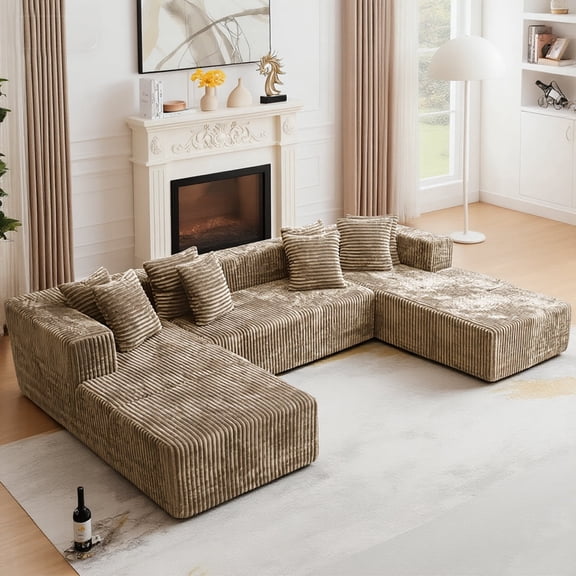 Kelyda 132 Inch Modular Sectional Sleeper Sofa, Modern U Shaped Fuax Fur Boneless Cloud Couch for Living Room Light Coffee