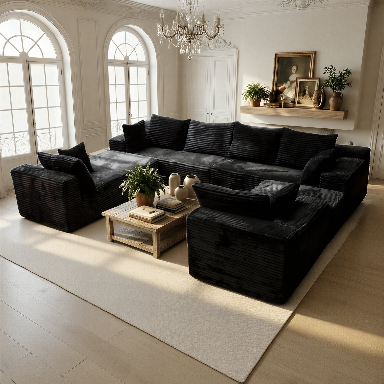 Kelyda 139'' U Shaped Sectional Couches, Modern Modular Boneless 8 Seater Large Foam Cloud Sofa Black