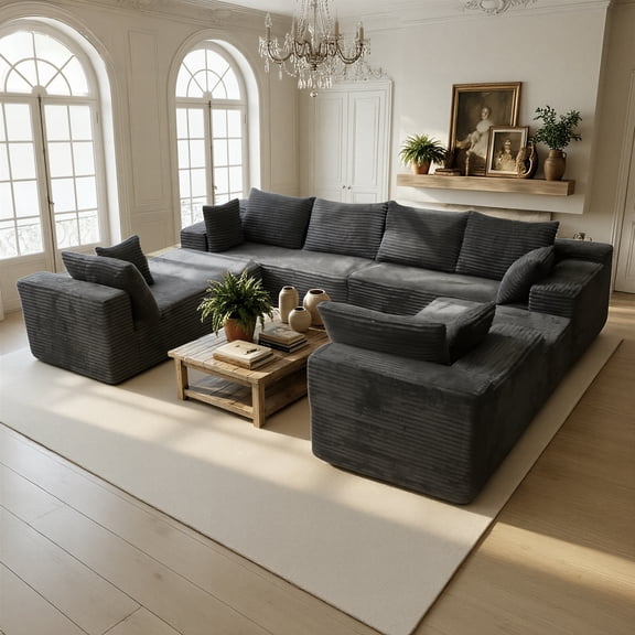 Kelyda 139'' U Shaped Sectional Couches, Modern Modular Boneless 8 Seater Large Foam Cloud Sofa Dark Grey