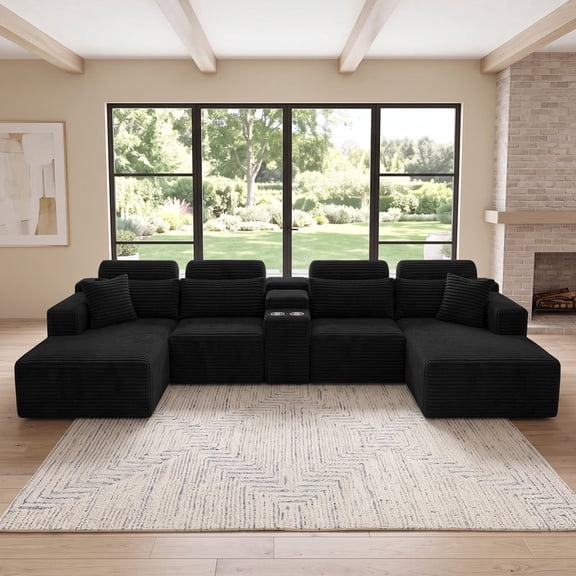 Kelyda 145" Modular Sectional Boneless Sofa with Cup Holders & Storage, Modern U Shaped Fuax Fur Cloud Couch Black