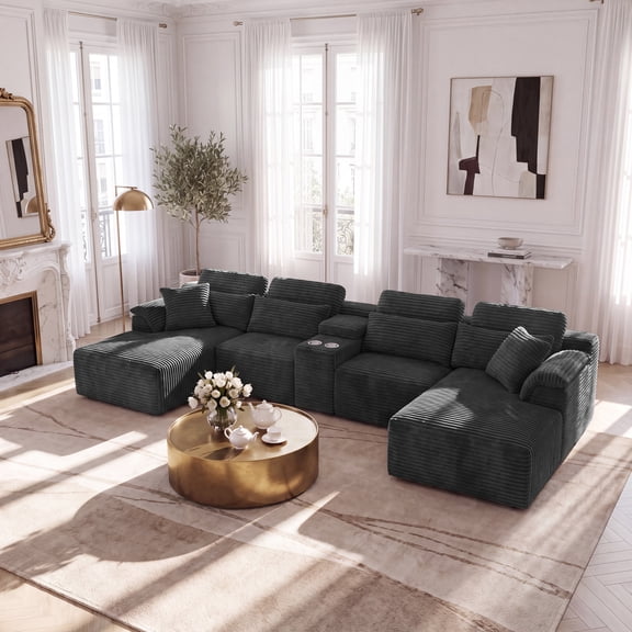 Kelyda 145" Modular Sectional Boneless Sofa with Cup Holders & Storage, Modern U Shaped Fuax Fur Cloud Couch Dark Grey