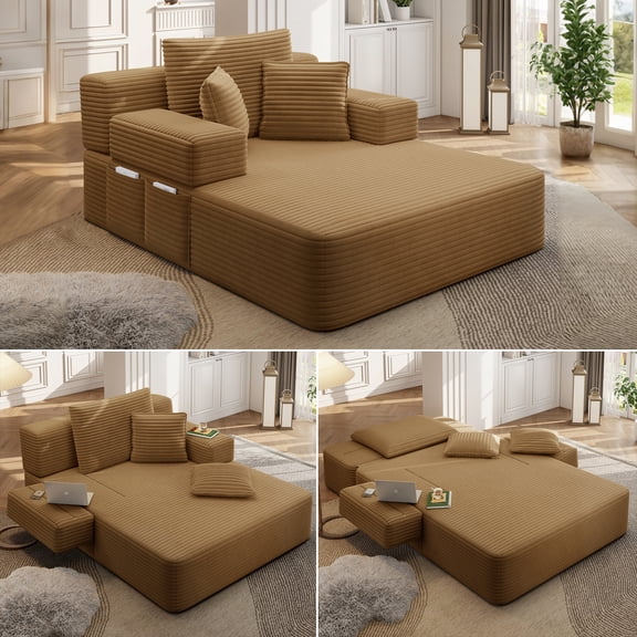Kelyda 61'' Boneless Chaise Lounge Chair Indoor, 2 in 1 Modern Convertible Cloud Corduroy Sofa Bed Sleeper Chair Camel