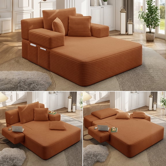 Kelyda 61'' Boneless Chaise Lounge Chair Indoor, 2 in 1 Modern Convertible Cloud Corduroy Sofa Bed Sleeper Chair Orange