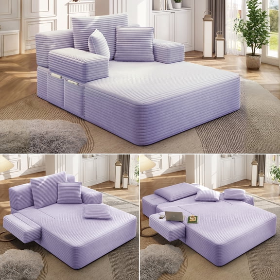 Kelyda 61'' Boneless Chaise Lounge Chair Indoor, 2 in 1 Modern Convertible Cloud Corduroy Sofa Bed Sleeper Chair Purple