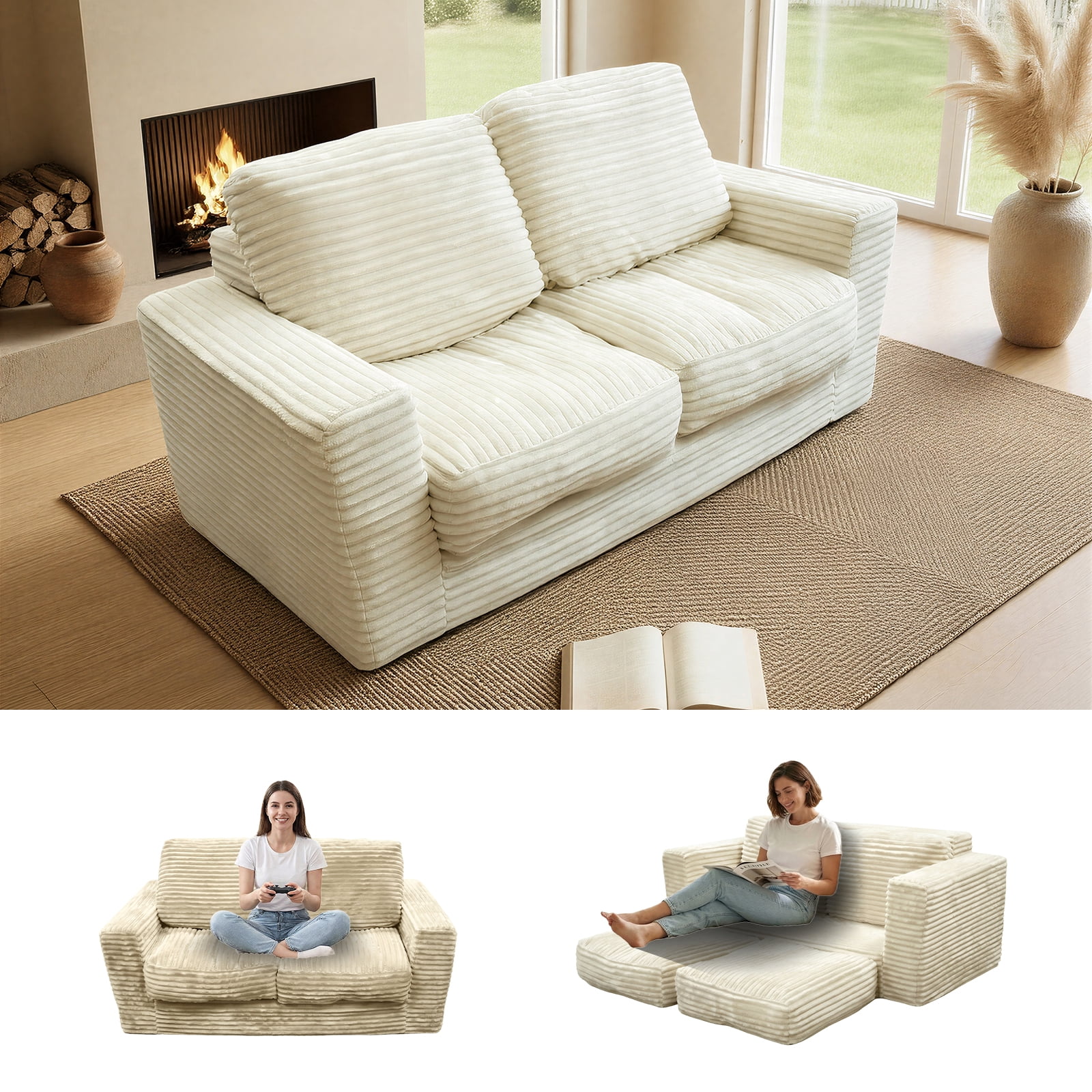 Kelyda 61''Boneless Loveseat Sofa, Modern Cloud Convertible Sofa Bed Couch Sleeper Chairs for Living Room Beige