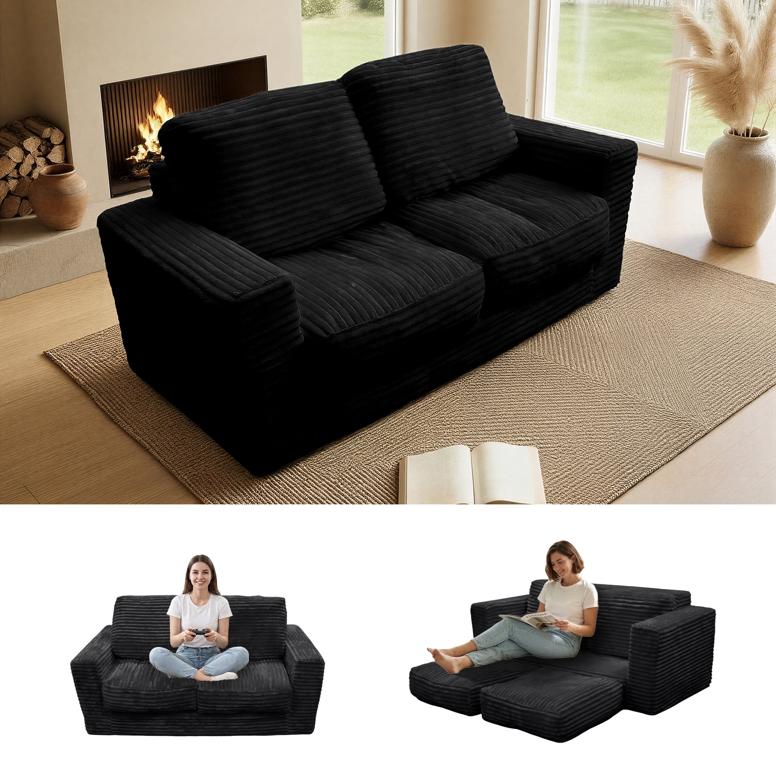 Kelyda 61''Boneless Loveseat Sofa, Modern Cloud Convertible Sofa Bed Couch Sleeper Chairs for Living Room Black