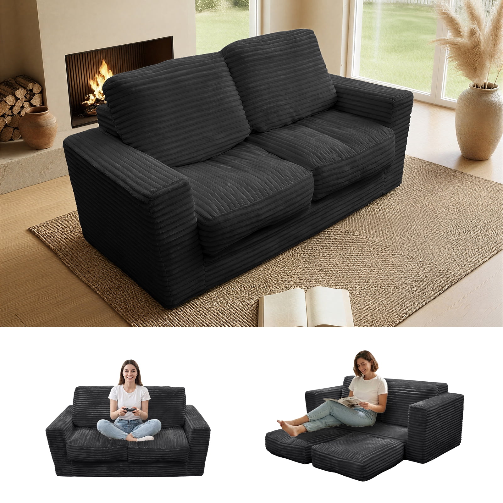 Kelyda 61''Boneless Loveseat Sofa, Modern Cloud Convertible Sofa Bed Couch Sleeper Chairs for Living Room Grey