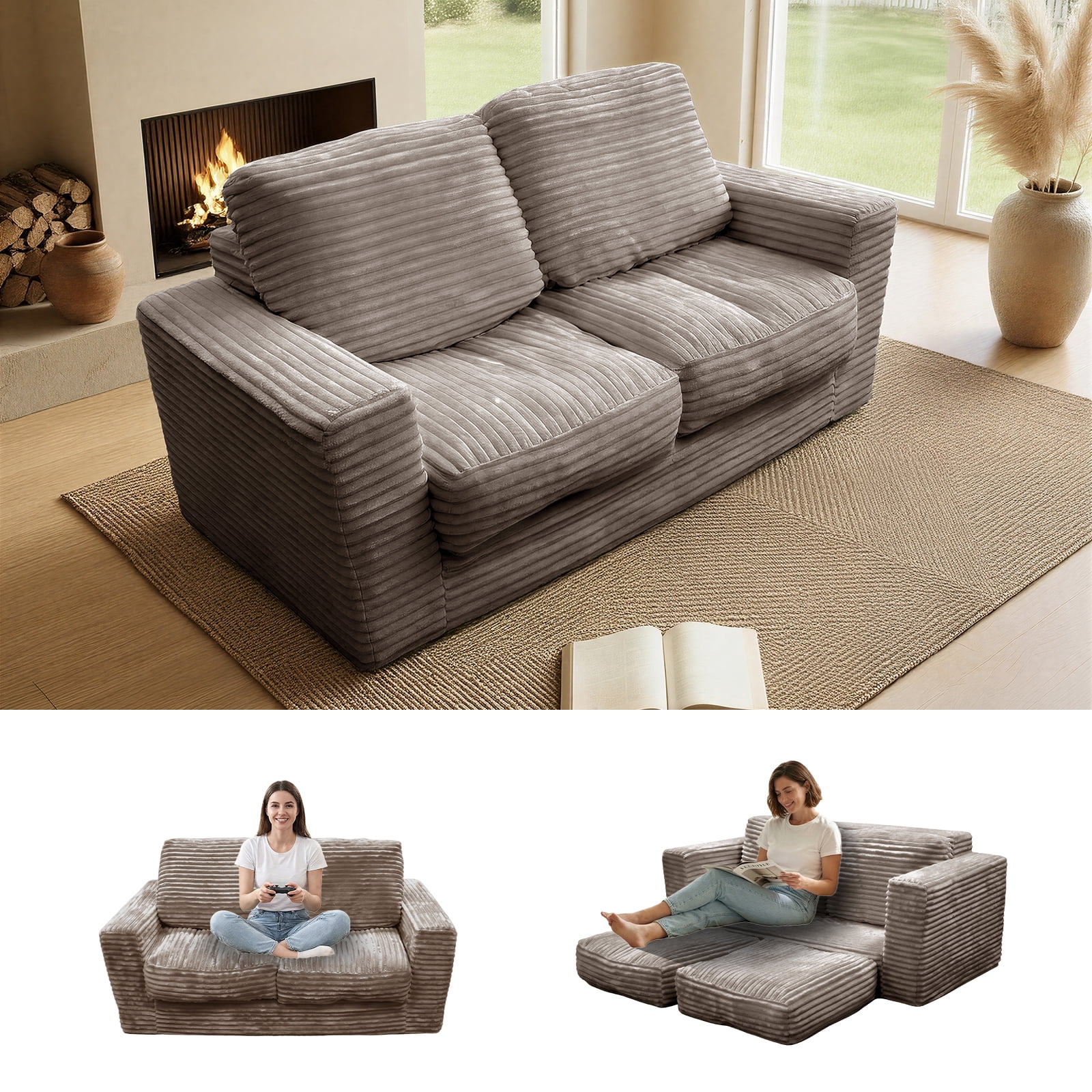 Kelyda 61''Boneless Loveseat Sofa, Modern Cloud Convertible Sofa Bed Couch Sleeper Chairs for Living Room Light Coffee