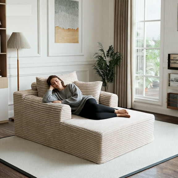 Kelyda 61" Oversized Chaise Lounge Chair Indoor, Modern Boneless Cloud Faux Fur Couch Sofa Bed Sleeper Couch Beige