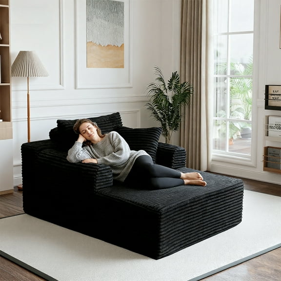 Kelyda 61" Oversized Chaise Lounge Chair Indoor, Modern Boneless Cloud Faux Fur Couch Sofa Bed Sleeper Couch Black
