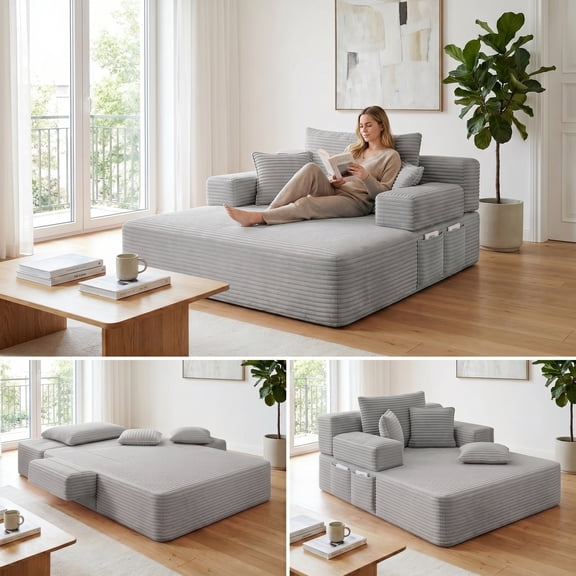 Kelyda 61'' Oversized Chaise Lounge Chair Indoor, Modern Boneless Convertible Corduroy Couch Loveseat Sofa Sleeper Light Grey