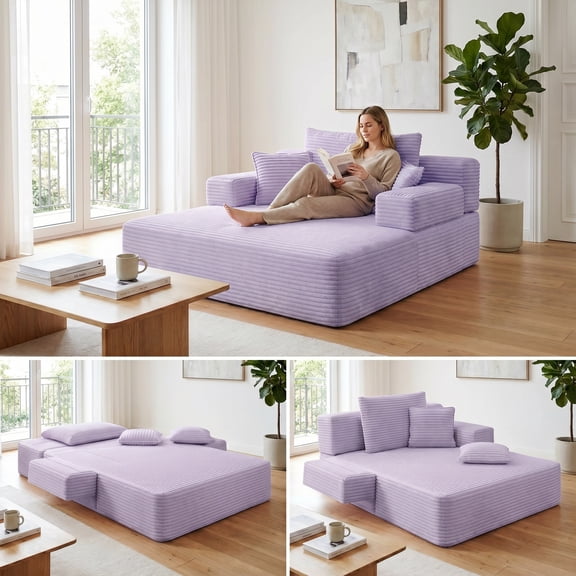 Kelyda 61'' Oversized Chaise Lounge Chair Indoor, Modern Boneless Convertible Corduroy Couch Loveseat Sofa Sleeper Purple