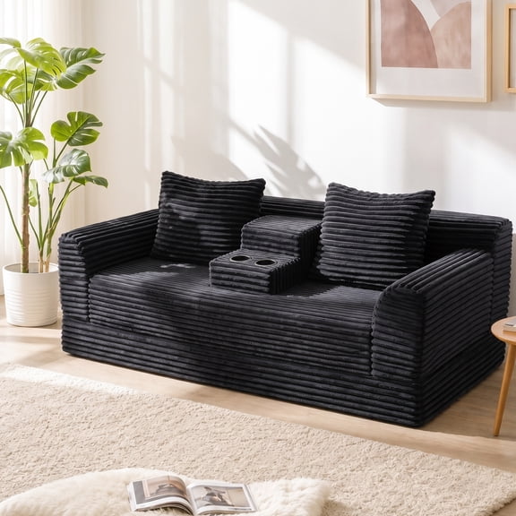 Kelyda 72" Boneless Convertible Loveseat Sofa Bed, Pull Out Futon Couch with Storage & Cupholder, Black