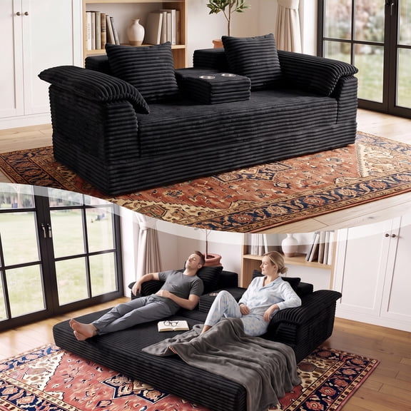 Kelyda 79" Boneless Convertible Loveseat Sofa Bed, Pull Out Futon Couch with Storage & Cupholder, Black