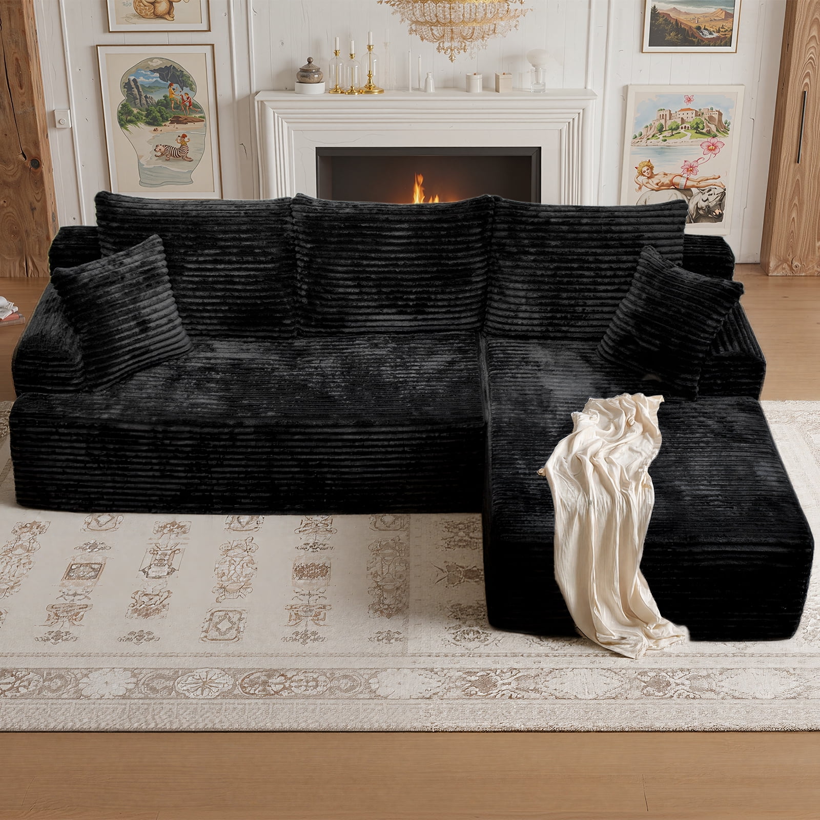 Kelyda 96" Modular L-Shaped Cloud Sofa, Plush Boneless Sectional with Deep Seats Chaise Corduroy Fabric, Black