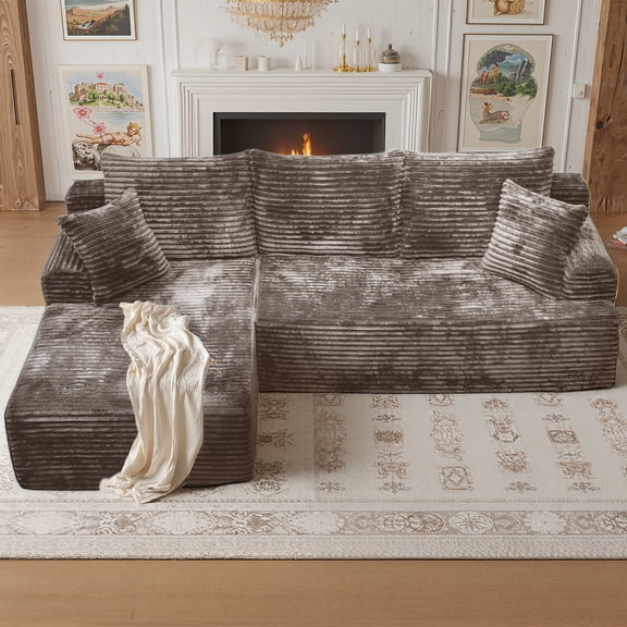 Kelyda 96" Modular L-Shaped Cloud Sofa, Plush Boneless Sectional with Deep Seats Chaise Corduroy Fabric, Coffee