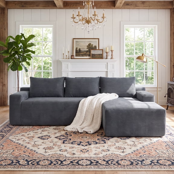 Kelyda 96" Modular L-Shaped Cloud Sofa, Plush Boneless Sectional with Deep Seats Chaise Corduroy Fabric, Grey