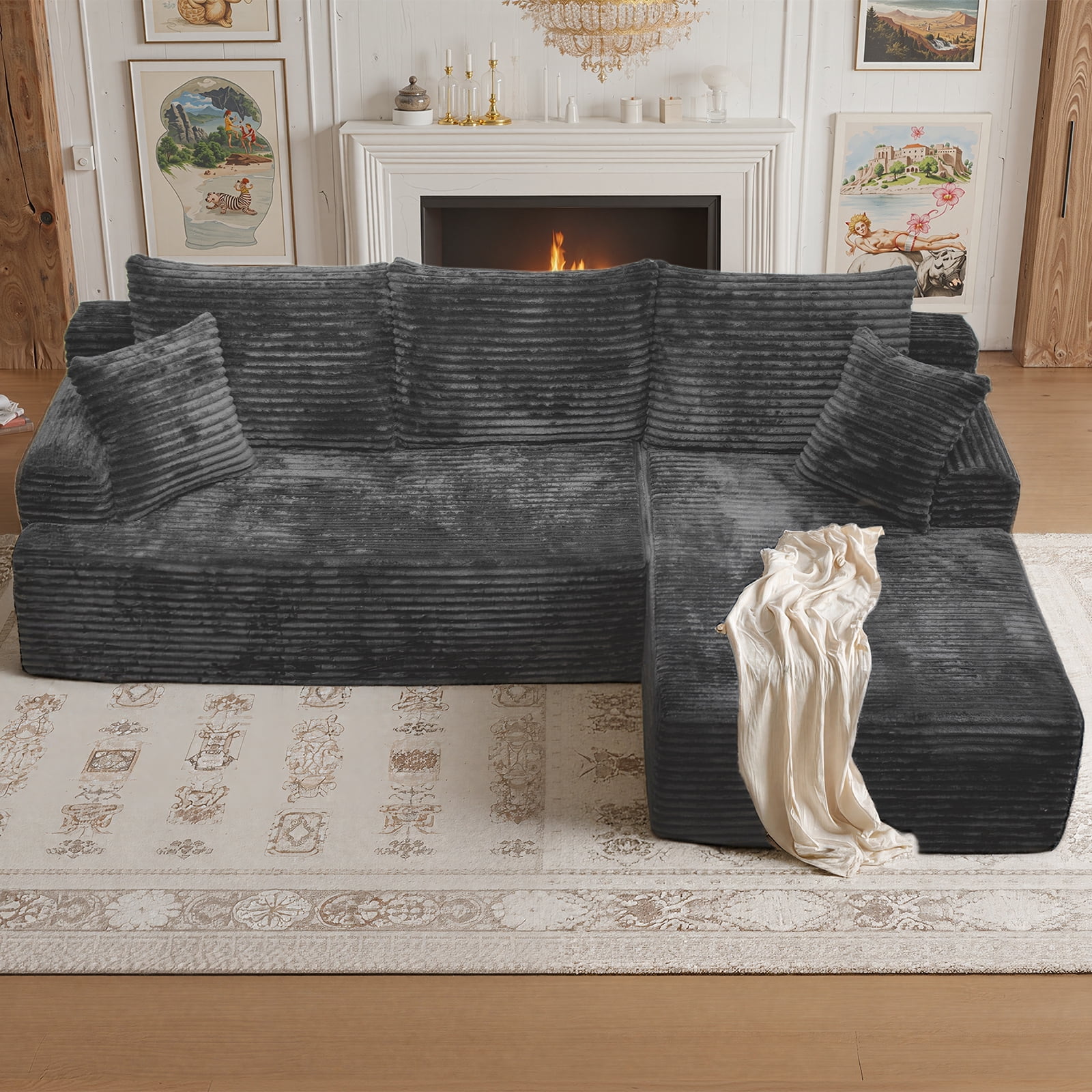 Kelyda 96" Modular L-Shaped Cloud Sofa, Plush Boneless Sectional with Deep Seats Chaise Corduroy Fabric, Grey