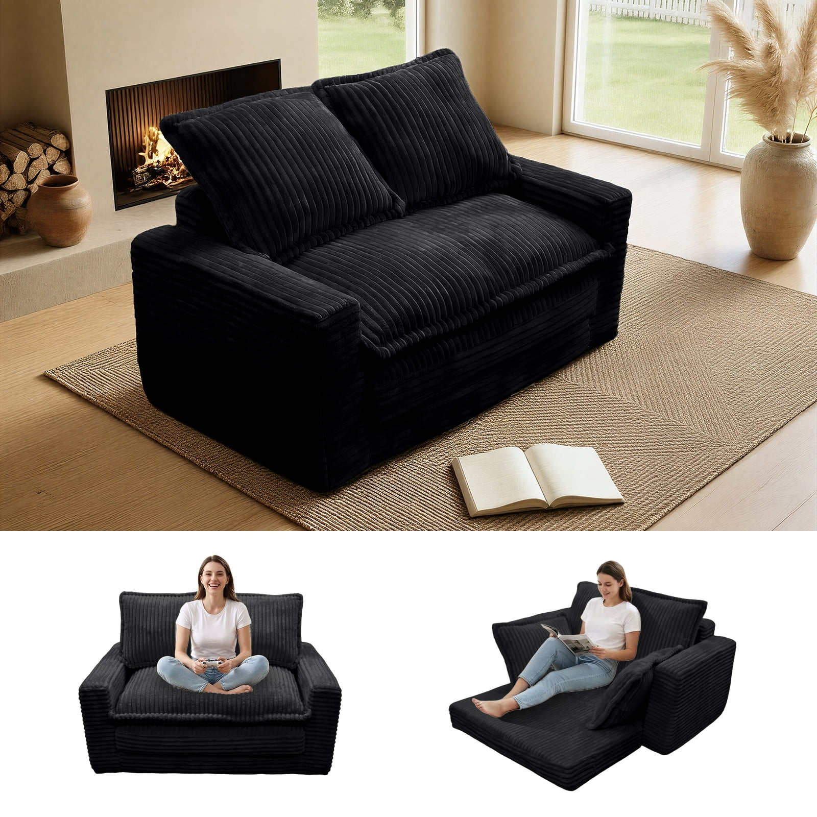 Kelyda Convertible Sofa Bed, 2 in 1 Modern Cloud Boneless Sofa Bed Loveseat Couch Sleeper Chairs for Living Room Black