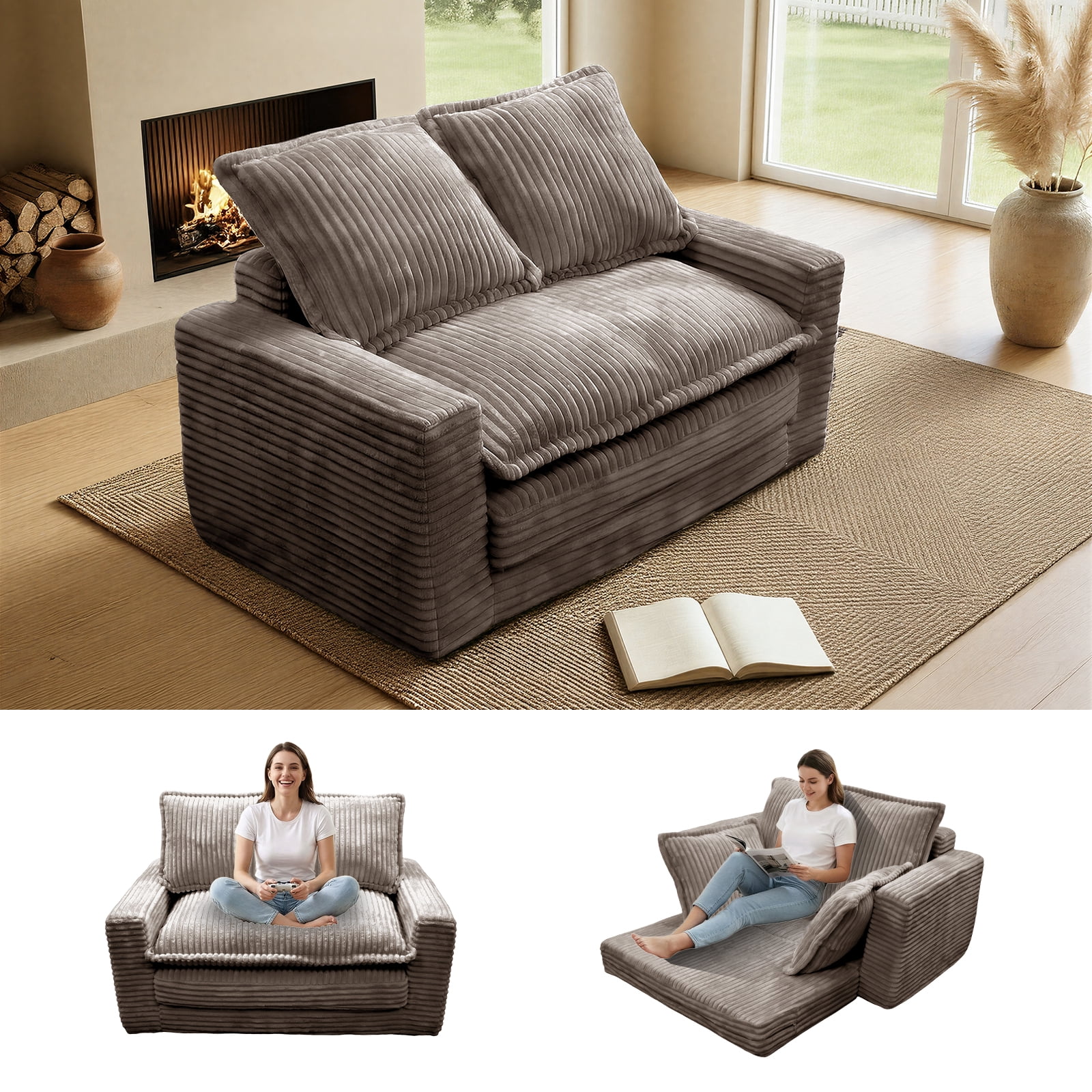 Kelyda Convertible Sofa Bed, 2 in 1 Modern Cloud Boneless Sofa Bed Loveseat Couch Sleeper Chairs for Living Room Light Coffee