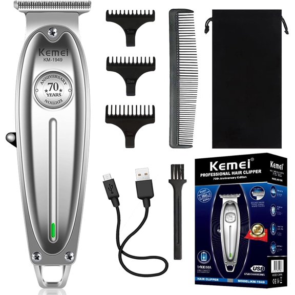 Kemei 1949 Trimmer Professional Hair Clippers for Men Zero Gap Electric Cordless Beard/Hair Trimmer Rechargeable T-Blade Haircut Machine for Stylists and Barbers Grooming Kit, Silver