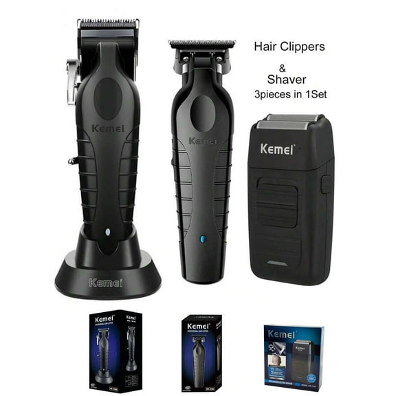 Kemei 3Pieces Kemei Brand Professional Hair Clippers And Shaver Set KM-2296 Hair Clipper With Charging Base KM-2299 Hair Clipper Hair Trimmer For Carving Head Machine KM-1102 Men's Razor Beard Shavin