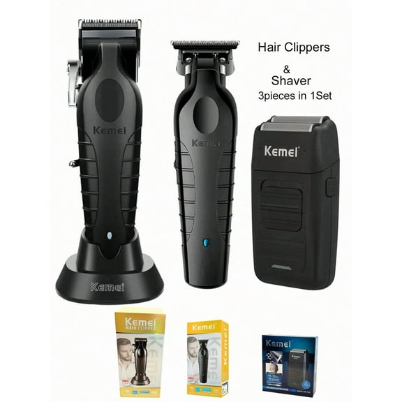 Kemei 3pieces Kemei Electric Hair Clipper KM-2296, KM-2299, KM-1102 Clipper With Charge Base USB Rechargeable 0mm Gapped Carving Head For Men Clipper Hair Trimmer