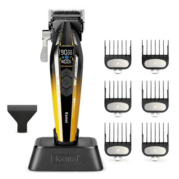 Kemei Hair Clippers for Men, Cordless Hair Clipper with 9000 RPM Motor, LED Display, Adjustable Taper Lever and Charging Stand, Gold
