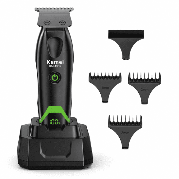 Kemei Hair Trimmer for Men, Cordless T-Blade Trimmer with Charging Stand, LED Display and Guide Combs, Black