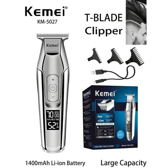 Kemei KM-5027 Professional Barber T-Blade Clipper 0mm Gapped Carving Clipper Adjustable Speed Hair Trimmer With LCD Display Hair Clipper For Men Haircut Machine USB Rechargeable Haircutting Machine