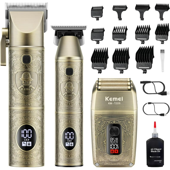 Kemei Professional Hair Clippers for Men, Beard Trimmer, Electric Shaver for Men, 3 in 1 Barber Clipper Kit LCD Display, Gift Sets for Men, Bronze