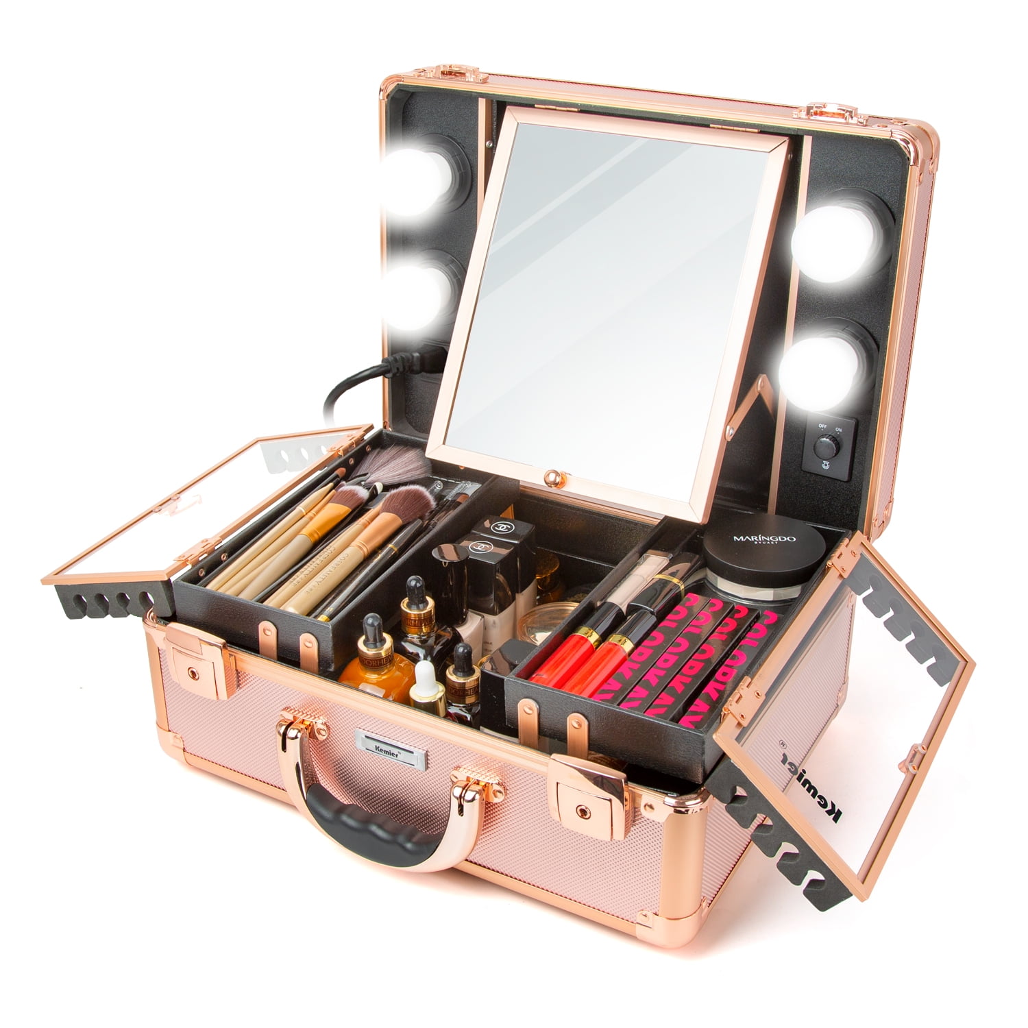 Kemier Makeup Train Case - Cosmetic Organizer Box Makeup Case with Lights  and Mirror / Makeup Case with Customized Dividers / Large Makeup Artist