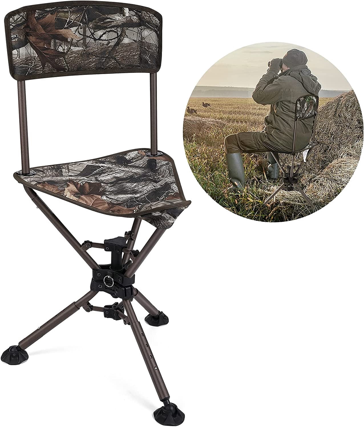 KEMIMOTO 360° Camo Tripod Swivel Hunting Chair w/ Backrest Blind Chair Height Adjustable Fishing Camping Stool Chair for Outdoor