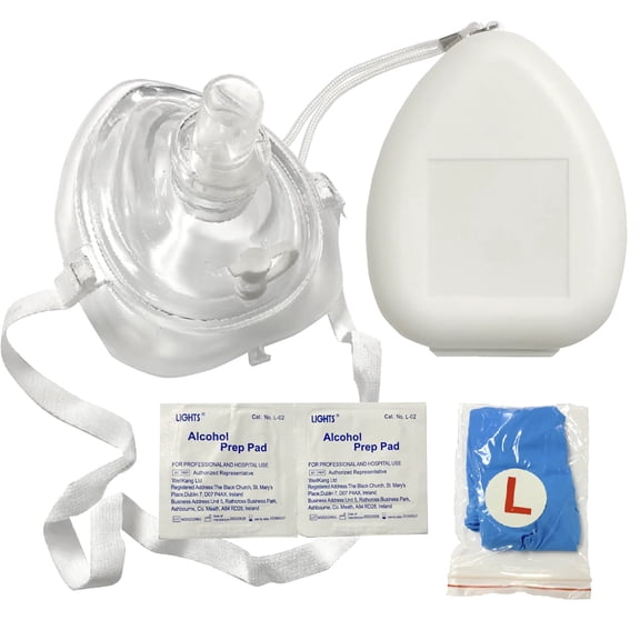 Kemp CPR Mask with O2 Inlet, Headstrap, Gloves and Wipes