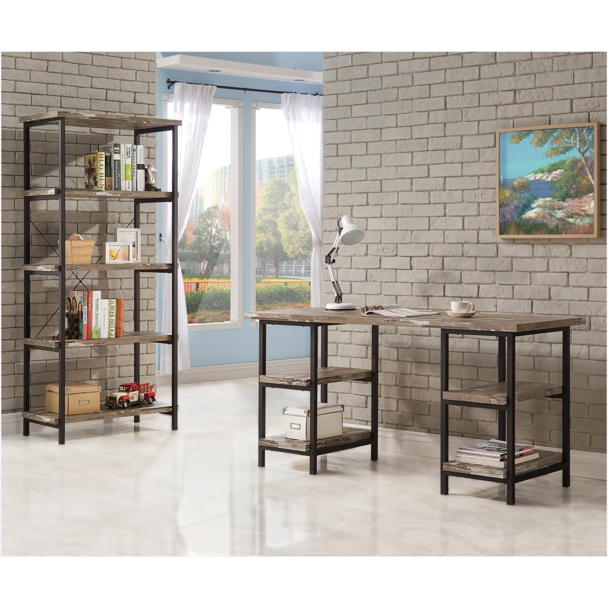 Transitional Black and Brown Wood Home Office Desk
