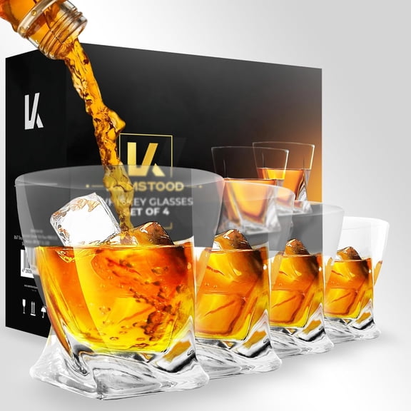 Kemstood Crystal Whiskey Glasses, Set of 4 Rocks Glasses Set - (10.5 Oz/310 ml) in Premium Gift Box- Whiskey Gifts for Men - Glasses for Bourbon, scotch, cocktails - Gifts for men who have everything