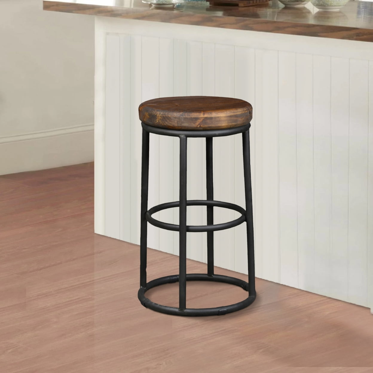 Ken 24 Inch Backless Round Counter Stool, Pine Wood Seat, Brown, Black ...