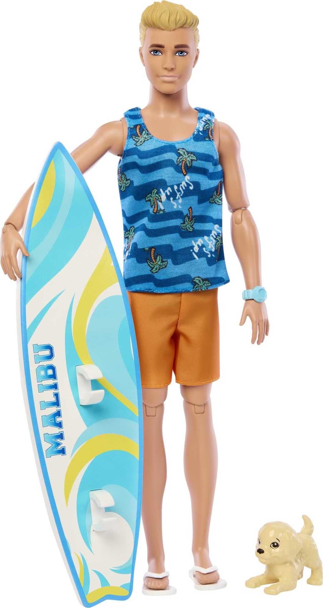 Ken Doll with Surfboard, Poseable Blonde Barbie Ken Beach Doll (Assembled  product height: 12 in)