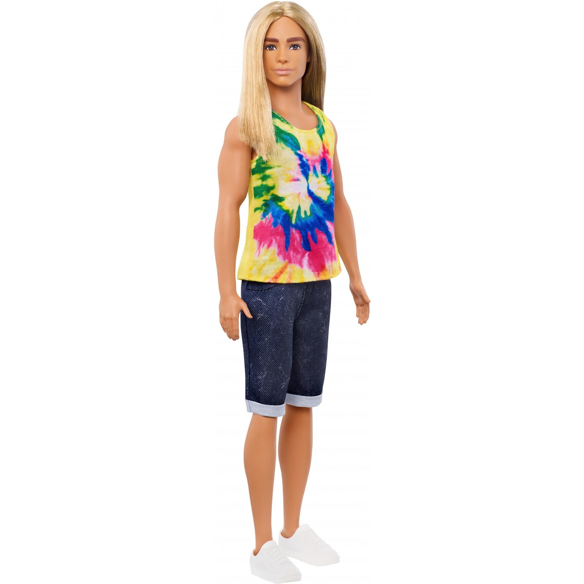 Ken Fashionistas Doll with Long Blonde Hair, Wearing Tie-Dye Shirt, Denim Shorts and Shoes, for 3 to 8 Year Olds - image 1 of 7