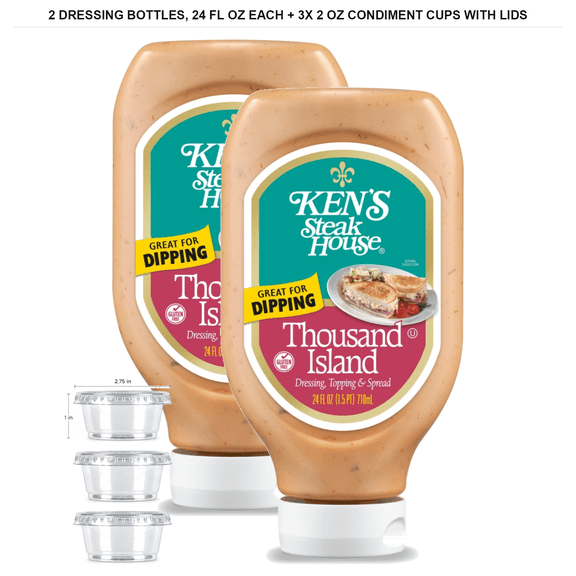 Ken's Steak House Thousand Island Salad Dressing, Pack of 2, 24 fl oz Each with 3x 2 oz Condiment Cups with Lids