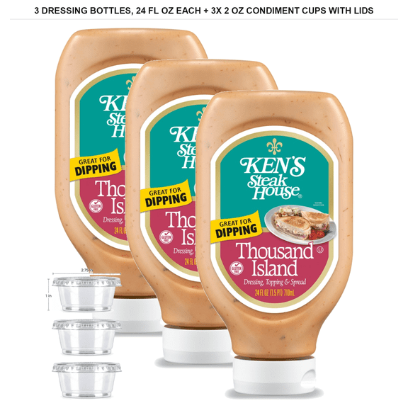 Ken's Steak House Thousand Island Salad Dressing, Pack of 3, 24 fl oz Each with 3x 2 oz Condiment Cups with Lids