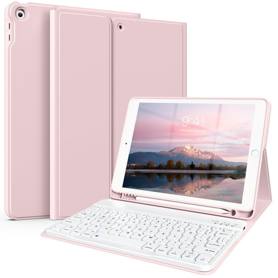 KenKe Keyboard Case for iPad 9th Generation 2021/8th Gen 2020/7th Gen 2019 10.2 Inch, Detachable Wireless Bluetooth Keyboard, Stand Folio Keyboard Cover with Pencil Holder, Auto Sleep/Wake, Pink