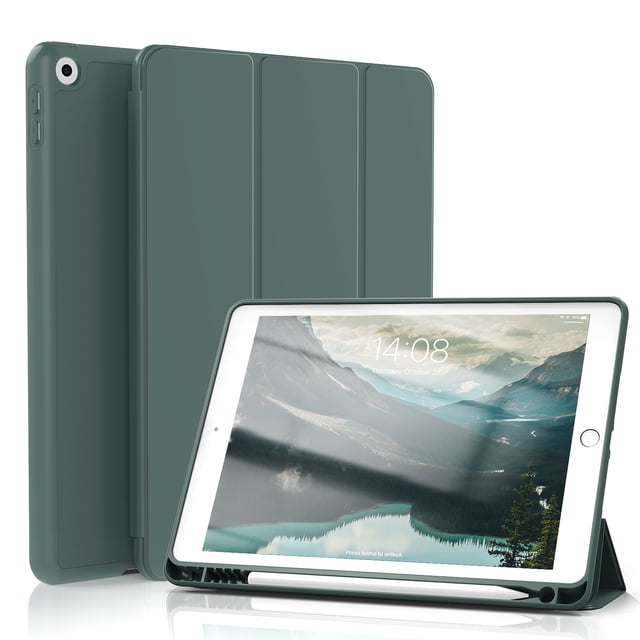 KenKe iPad 10.2 Case for iPad 9th Generation 2021 /iPad 8th Generation 2020 / iPad 7th Gen 2019 with Pencil Holder, Auto Sleep/Wake for Slim Soft Back Smart Cover, iPad 10.2 inch Case, Dark Green