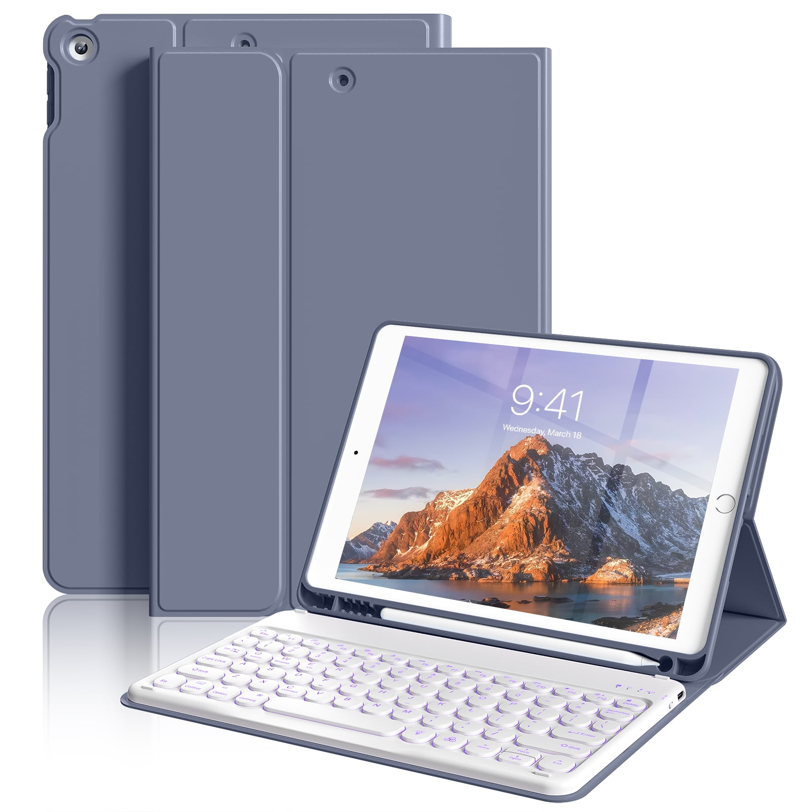 KenKe iPad 10.2 inch 9th 8th 7th Generation Keyboard Case, 7 Colors Backlit Detachable Keyboard Smart Folio Cover, for iPad 10.2 2021/2020/2019 Soft TPU Back with Pencil Holder Case, Purple