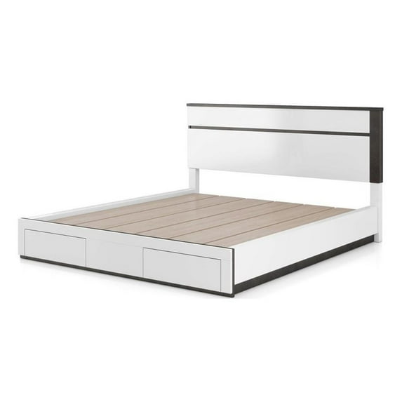 Kena King Size Bed-White Gray Panel Headboard-Low Profile Footboard