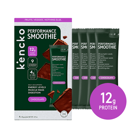 Kencko Chocolate Fruit & Veggie Performance Protein Smoothies, Powdered Drink Mix, 1.23 oz, 4 Pack