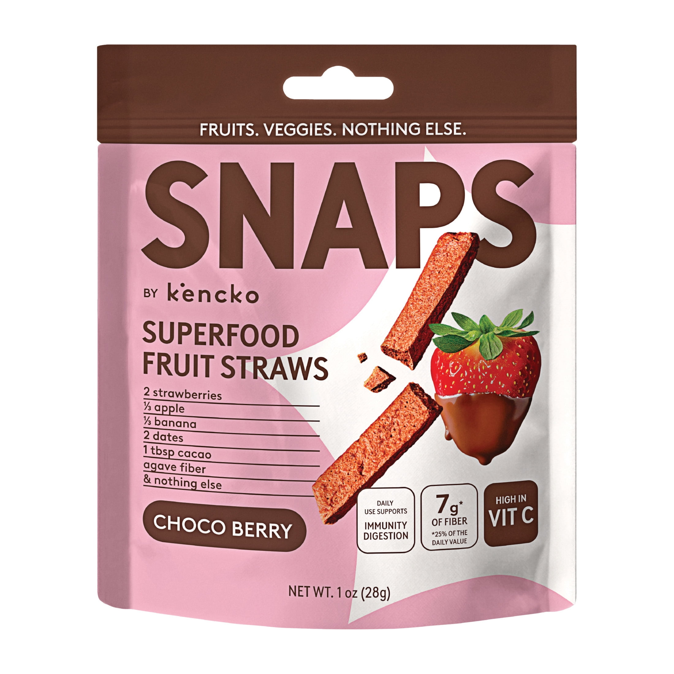 Kencko Chocolate Strawberry Snaps, Superfood Fruit Straws, 1 oz Bag