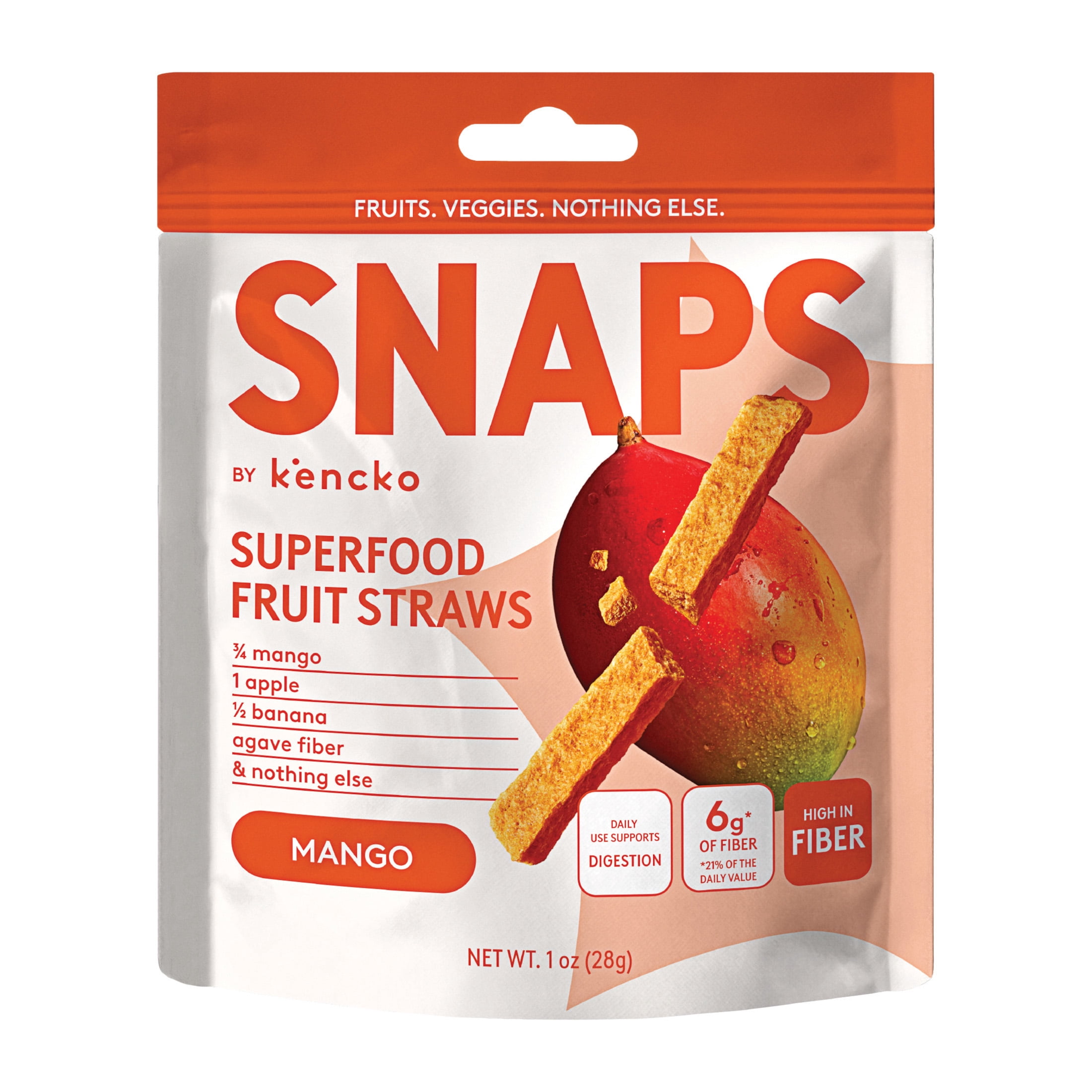 Kencko Mango Snaps, Superfood Fruit Straws, 1 oz Resealable Bag